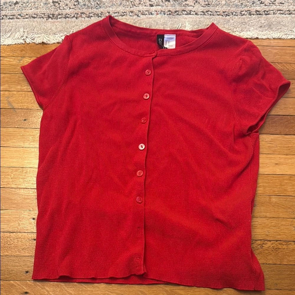 H&M Red Button-Front Short Sleeve Top